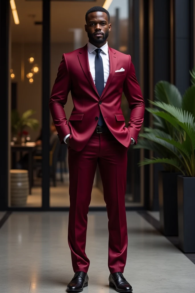 Un homme noir portant un complet pantalon et gilet croisé de couleur rouge bordeaux avec manche longue bleue marine plus chaussettes et chaussures noires.