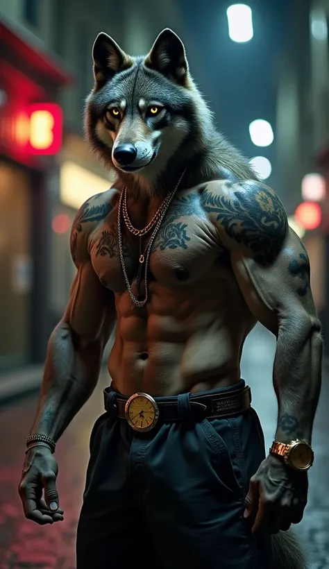 A highly detailed anthropomorphic wolf with gray eyes, depicted as a heroic figure. The wolf is muscular and wears a mobster outfit. He has several tattoos prominently displayed on his chest. The wolf wears dark shorts, a gold watch and a gold belt. The se...