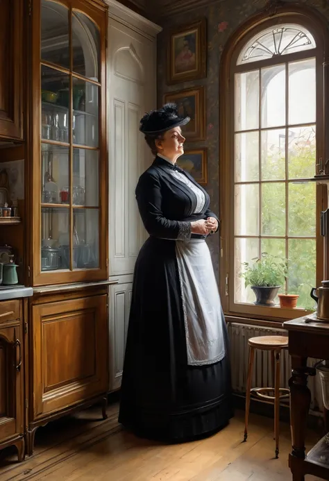  Full body shot  of A voluptuous buxom mature Victorian widow standing in front of a window in her kitchen, by Jean Béraud, inspired by Jean Béraud, inspired by Édouard Detaille, edouard leon cortes, inspired by Ivan Kramskoi, inspired by Jean-Louis-Ernest...