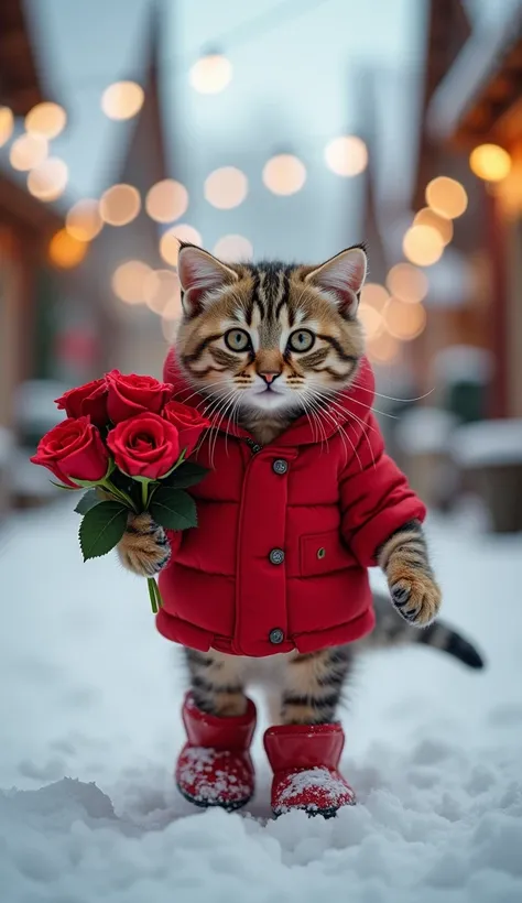 "A tabby kitten in a red puffer jacket and tiny boots, carrying a bouquet of red roses through a snowy village, glowing Christmas lights in the background, magical realism,ultra-detailed photo realism hotos 8k, clear focus, high definition, ultra-high defi...