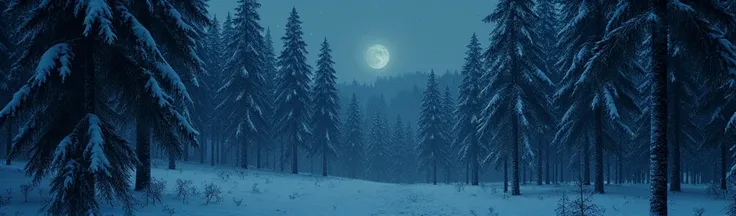 A dense, snowy forest at night, with a thick concentration of tall trees, their dark silhouettes looming against the night sky. The snow blankets the ground, creating a soft, white carpet, while gentle flakes continue to fall from the sky. The trees are so...