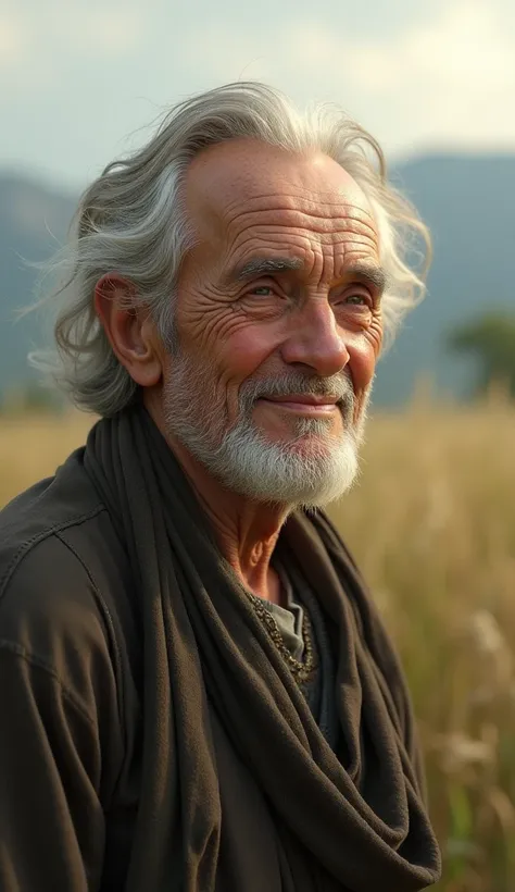 An old man with a small smile and a blurry field in the back.  