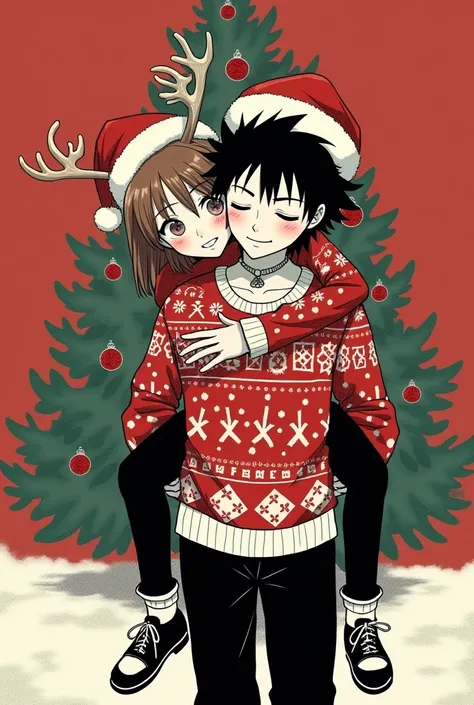 In the style of Junji Ito, Junji ito Manga type image, girl, Long sleeve crop top Christmas sweater, black leggings,  medium length hair, brown hair, long bangs, girl is wearing reindeer antlers, boy in a Christmas sweater, bit has black spikey hair, half ...