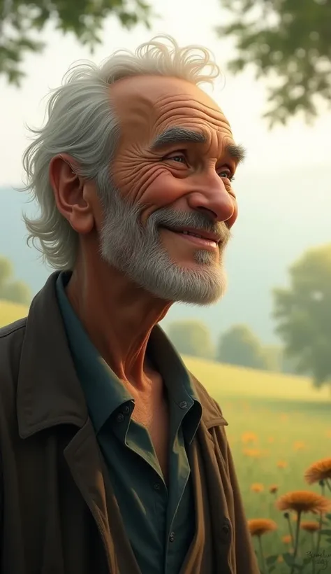 An old man with a small smile and a blurry field in the back.  