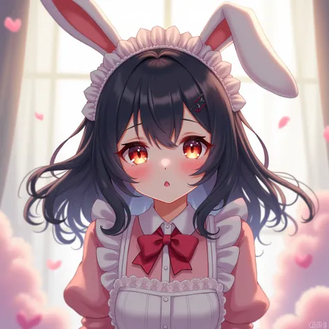 black haired Anime girl in maid outfit with bunny ears and a bow 