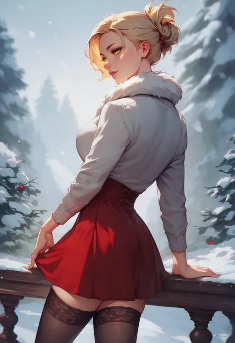 1girl, short blonde hair, hair tied back, yellow eyes, winter dress, red skirt, black stockings, beautiful,