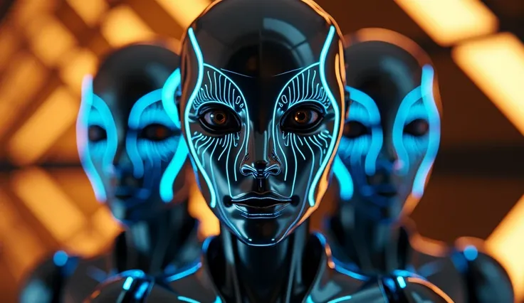 A cinematic a close-up shot of three identical robotic figures, taken from a slightly low angle, showcases their chrome-like faces with intricate blue neon outlines highlighting key facial features such as eyes, nose, and mouth contours. The robots eyes ar...