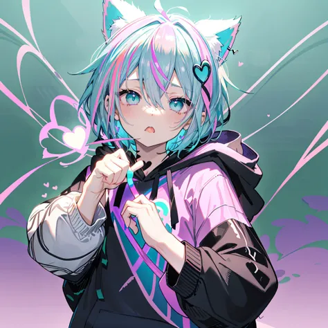 pink and light blue ((streaked hair)), highlights hair, masterpiece, purple eye,  ((((Jagged、 open your mouth 、Green　background、Shining Heart　Make a heart　Front))))　((( black hoodie、 Hooded 　Cat ears　 shorthair、 neon blue　)))　(( Shiny Earrings 　Small black...