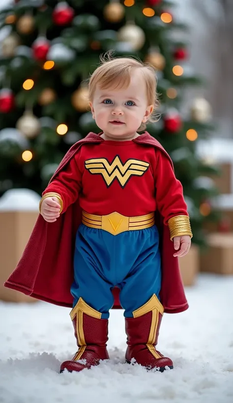 A European baby dressed as wonder woman, he is standing up in front of a Christmas tree with a snow scene as a background, in a garden. The setting is festive and cheerful, capturing the cuteness and adorableness of the baby in this fun wonder woman costum...