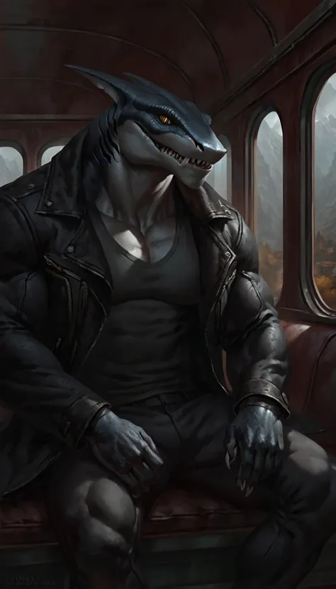 sharkfolk, anthro shark, solo, portrait, scaly, wearing jacket with black shirt, detailed gray skin, experienced predator, monstrous, shark snout, fins, yellow red heterochromia eyes, dark detailed body, matte body, toned, muscular anthro, bara, big muscle...