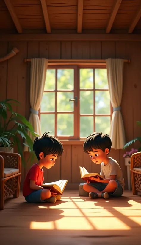 Interior of a simple wooden house in the village. Dani, a boy of about 12, sits on the floor reading a book, while Mr. Darto sits on a rattan chair nearby. Afternoon light comes in through the window, creating a warm atmosphere. Detailed and soft animation...