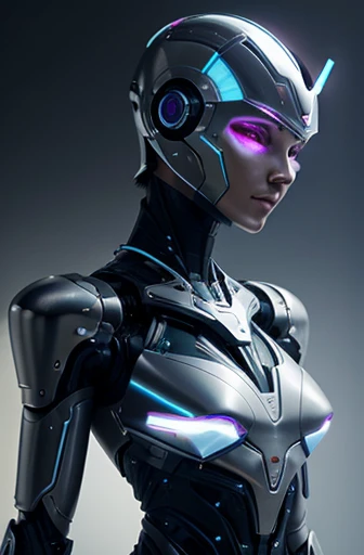 Create an image of a biomechanical robot with a futuristic, sleek design, blending organic and mechanical elements. The robot should have a humanoid appearance with feminine features, including a streamlined silhouette, delicate curves, and a facial design...