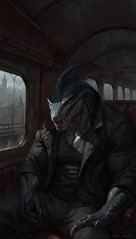 sharkfolk, anthro shark, solo, portrait, scaly, wearing jacket with black shirt, detailed gray skin, experienced predator, monstrous, shark snout, fins, yellow red heterochromia eyes, detailed sharp teeth, dark detailed body, matte body, toned, muscular an...