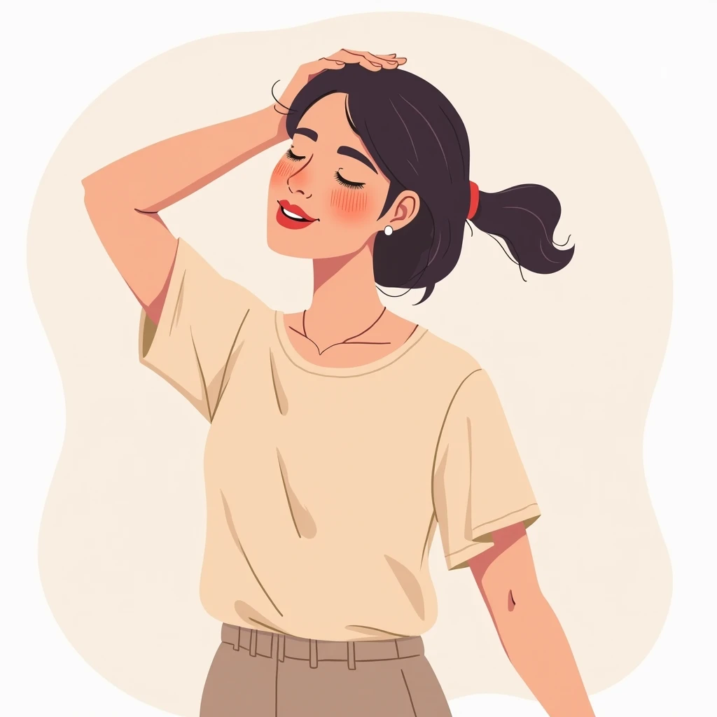 An illustration of a 30-year-old woman gently stretching her neck, tilting her head to one side in a relaxing posture. The art style is soft and calming, emphasizing self-care and well-being. The woman has a peaceful expression, wearing casual clothing. Th...