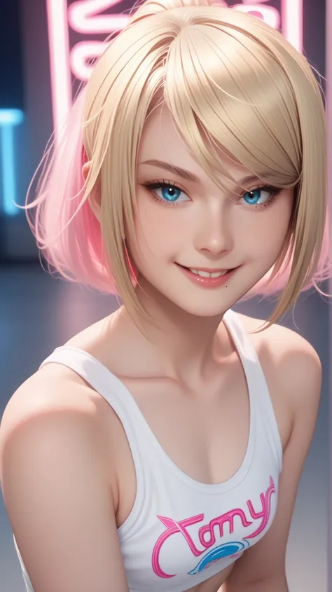 score_9_up, score_8_up, score_7_up, score_6_up, 1girl, adult woman samus aran, smiling with sexy look, short shaggy hair, Flat-chested tomboyTomboyish, tomboy, naked shoulders, sport top, looking at viewer, blue eyes, pastel neon lighting, source_anime, pa...