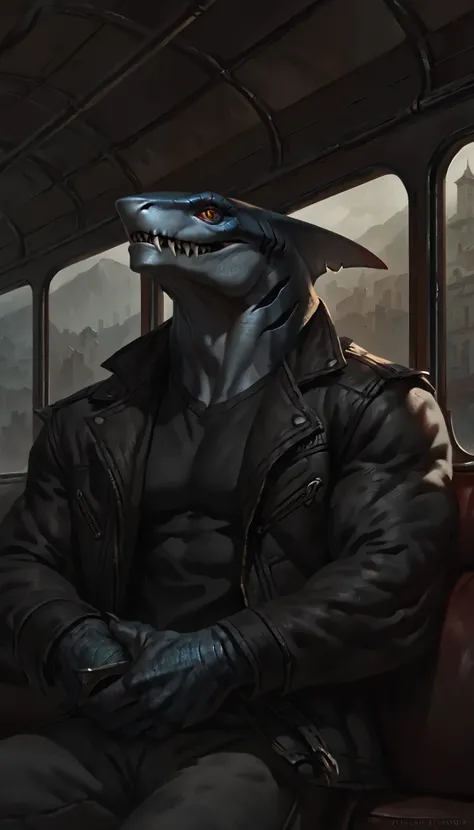 sharkfolk, anthro shark, solo, portrait, scaly, wearing jacket with black shirt, detailed gray skin, experienced predator, monstrous, shark snout, fins, yellow red heterochromia eyes, dark detailed body, matte body, toned, muscular anthro, bara, big muscle...