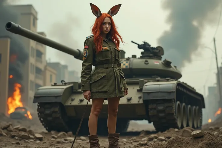 A surreal and striking depiction of a curvy female kangaroo with human-like features and flowing fiery red hair styled in soft waves. She is dressed in a tailored military outfit, combining practicality and femininity—a fitted military jacket adorned with ...