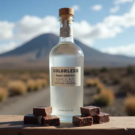 (advertisement for advertising ) Transparent bottle (without letters)  of colorless pisco in the background is the inactive misti volcano .  in front of the bottle there are square chocolate candies wrapped in platinum paper