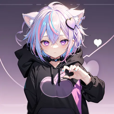 1girl,  pink and light blue ((streaked hair)), highlights hair, masterpiece, purple eye,  ((((background、Shining Heart　Make a heart　Front))))　((( black hoodie、 Hooded 　Cat ears　 shorthair )))　(( Shiny Earrings 　Small black ribbon))　Shining Edges　輝くbackgrou...