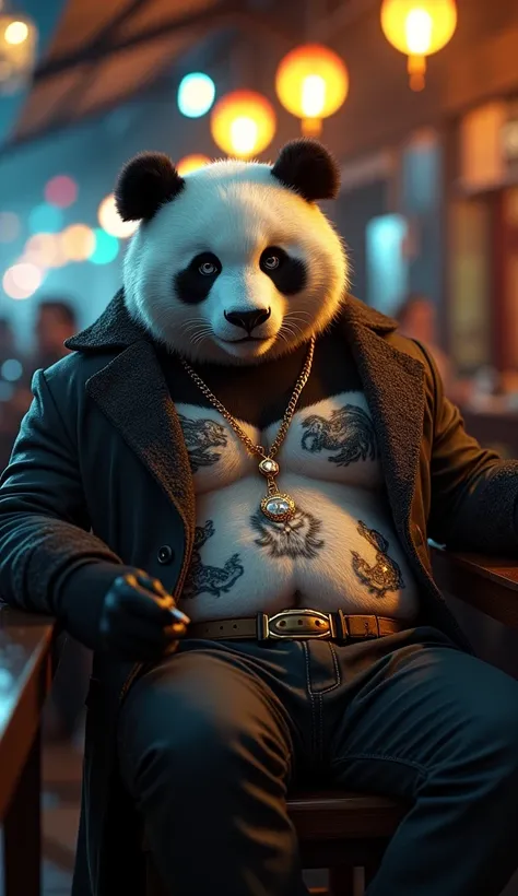 A highly detailed anthropomorphic panda with gray eyes, depicted as a heroic figure. The panda is muscular and is sitting inside a bar. He wears a mobster outfit and holds a cigarette in one hand. He has several tattoos prominently displayed on his chest. ...