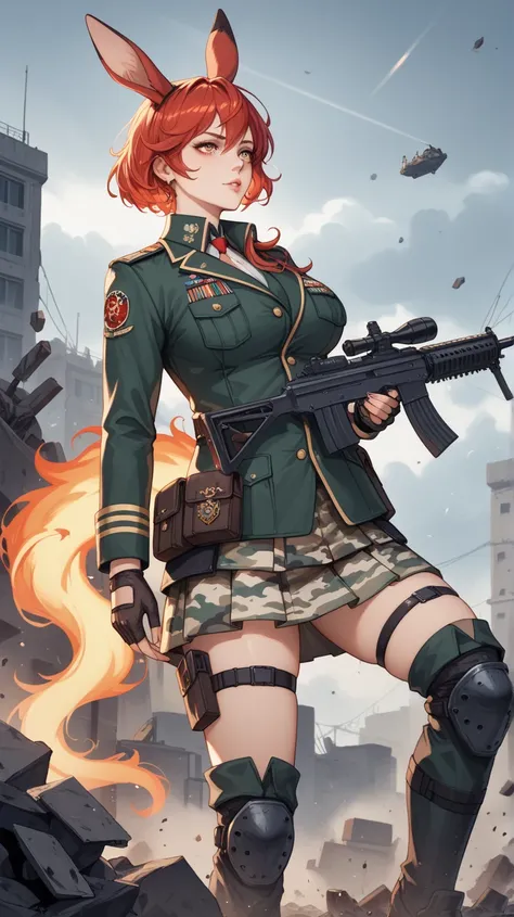 A surreal and striking depiction of a curvy female kangaroo with human-like features and flowing fiery red hair styled in soft waves. She is dressed in a tailored military outfit, combining practicality and femininity—a fitted military jacket adorned with ...