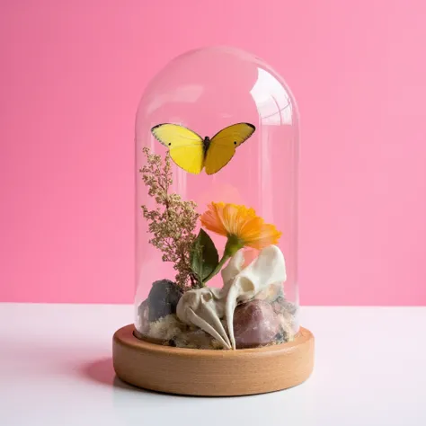 Glass dome with wooden base , Dried flowers , crystals , a small bird skull with a very realistic pointed beak, a colorful butterfly placed on a flower , Everything inside on a clean and zen background, ton de décoration arrière rose fuchsia, HD, photoreal...