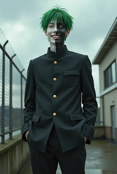 Very realistic,Japanese male, 20 years old,Green very short pixie haircut style,(Black alma mater with Stand collar),Gold buttons, black formal trousers,White sports shoes,(Having facial skin that is Divided by the center line half white and half black),Ha...