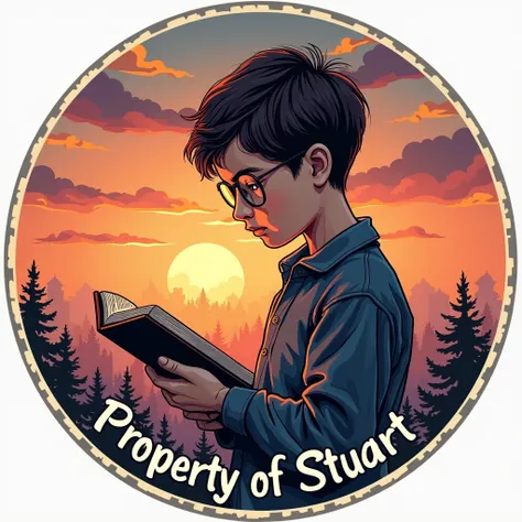  Create the design of a round stamp ,  that includes a boy with glasses reading a book and in the background a sunset and with letters that say, PROPERTY OF STUART 