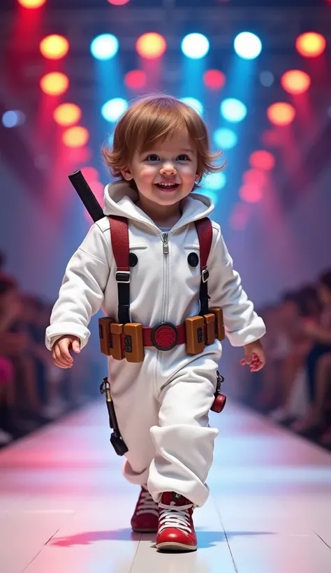 A  baby boy with brown hair, wearing a white Deadpool costume without a mask ,  is walking on the stage of a fashion show with bright lighting. full body