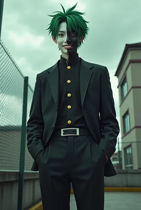 Very realistic,Japanese male, 20 years old,Green very short pixie haircut style,(Black alma mater with Stand collar),Gold buttons, black formal trousers,White sports shoes,(Having facial skin that is Divided by the center line half white and half black),Ha...