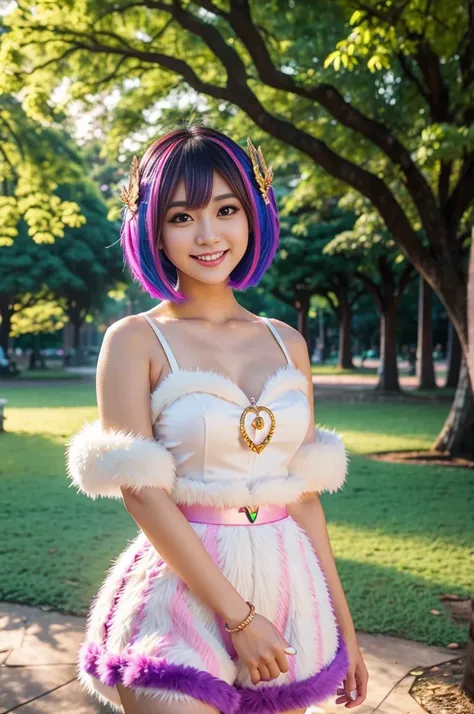 Thai idol, (-anime), only 1 female, colorful ultra short bob, beautiful smile, lipgloss, long lashes, defined eyebrows, magical girl cosplay, fluffy fur vivid colors outfit, cosplay accessoires, look at the camera, cinematic light, large park background wi...