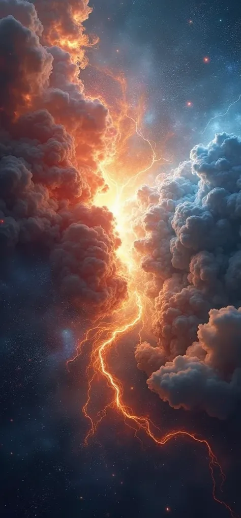 "A galaxy divided into two extremes : on one side,  firestorms in shades of red and orange ;  on the other,  crystallized ice nebulae in blue and white ,  with a faint line of golden light connecting the two poles."