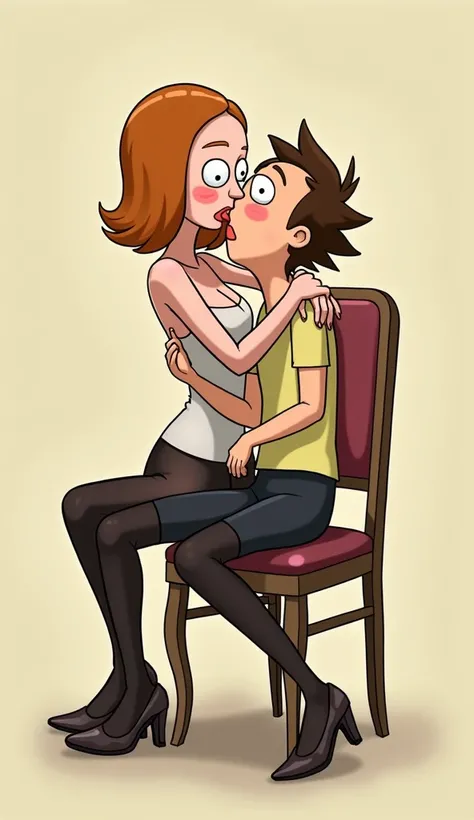 Beth Smith is wearing dark pantyhose and high heels and sits on Morty Smiths lap and kisses his lips, Rick and Morty Cartoon style