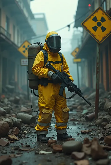 Detailed moment  ((view from ground)), Staying in grass (in chemical emergency costume with flamethrower and Geiger counter), (radiation effect around, many rusty and rubish, radioactive sign), dark atmosphere, very detailed, ((шедевр, высочайшего качества...