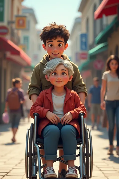 A boy carrying a lady in a wheelchair on the street