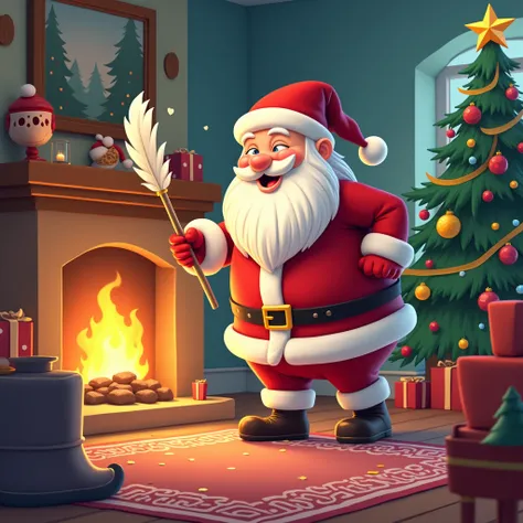 cartoon santa is cleaning the living room, illustration,  high detail, 8 k