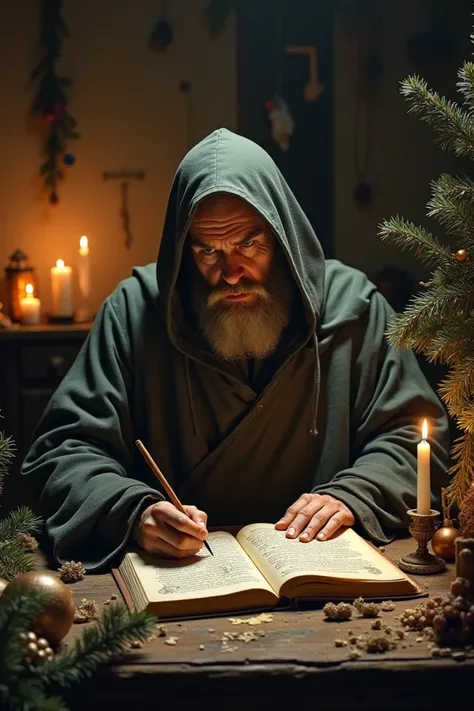 Monk in a room with old Christmas decoration writing a codex talking about Christmas 