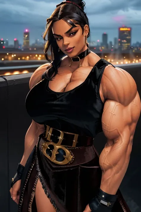 ((Close-up)), tall, (jet black hair) beautiful muscular woman, wavy ponytail with bangs, brown skinned, closed smile, (black lipstick), (massive muscles), (hyper muscle), ((ginormous bulky muscles)), white eyes, (((((velvet tank top))))), (((((velvet skirt...