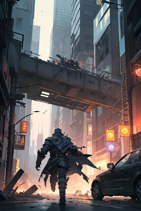 " A dramatic scene at night in New York ,  with skyscrapers illuminated against a dark sky .  The city is being attacked by humanoid robots similar to. Doom,  with shiny metallic armor and flowing blue cloaks .  The robots are advancing menacingly through ...