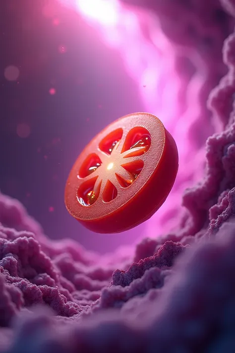 Tomato crypto coin falling, purple and pink theme 