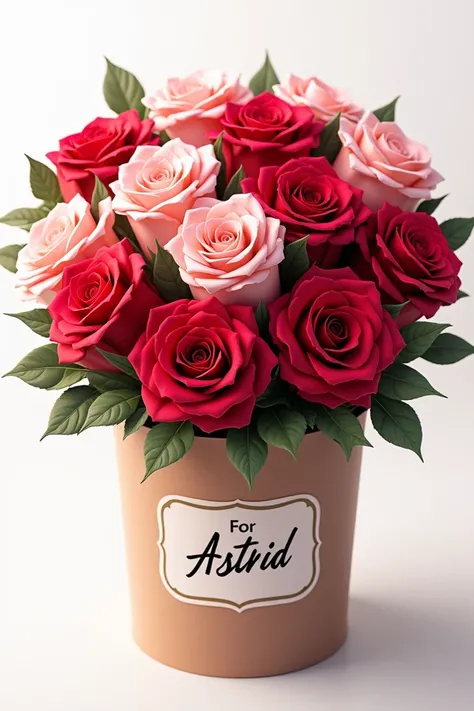 A bouquet of roses that has a label that says for Astrid and with no one in the background 