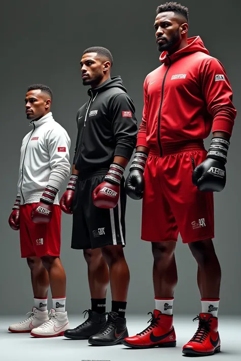 "Create a series of 5 boxing outfits that visually represent the progression from a beginner to a professional boxer. Each outfit should build upon the previous one, gradually adding more details, sophistication, and professionalism:

1. Beginner Level: Si...