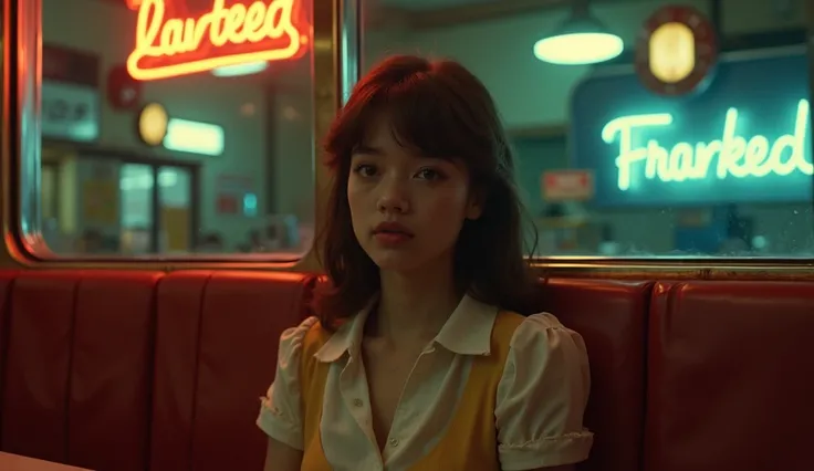 A pretty young woman sitting in a 1960s diner at night looking bored, 1960s style, vintage_p_style, retro, 