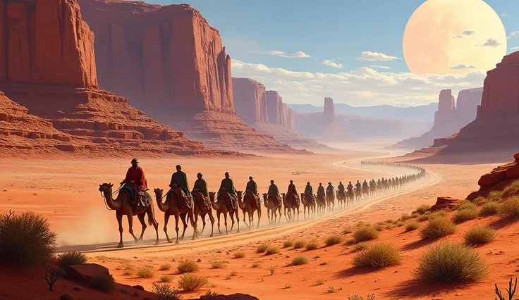 a vast desert landscape，towering red rock formations，A group of tired traders and their camel caravan trudge through rugged terrain，The harsh sun scorched them，Surrounded by vast and empty desert，The color of the desert is lifeless，Sandstone cliffs and mes...