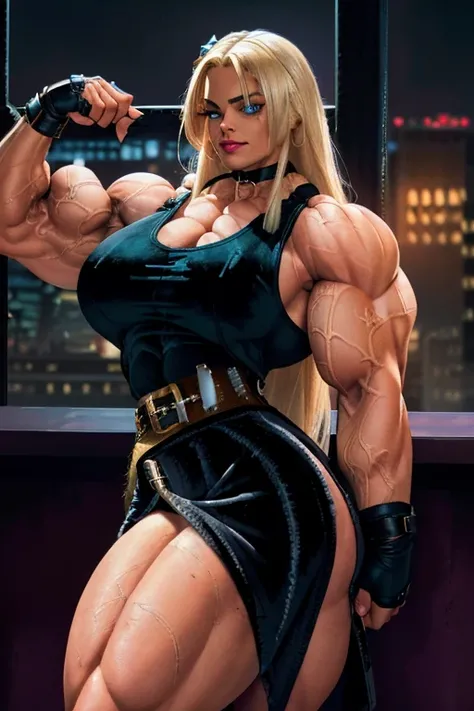 ((Close-up)), tall, (white hair) beautiful muscular woman, long hair, brown skinned, closed smile, (black lipstick), (massive muscles), (hyper muscle), ((ginormous bulky muscles)), blue eyes, (((((velvet tank top))))), (((((velvet skirt with belt))))), (fi...