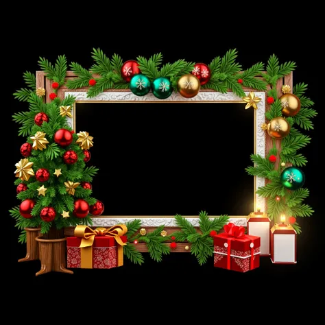 Painting frame,  with Christmas decorations , Tree and leaves,  red LED lights , red spheres , green and gold