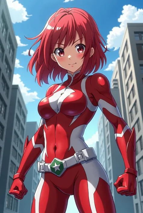 My Hero Academia Style , Anime girl, female, young female ,Full Body Shot,(fighting stance:1.3),Long hair, Red Hair,  Brown Eyes,Hero Suit, Full Body Suit, red suit with white details, perfect anatomy,  Toughened Abs,super detailed,(Buildings:1.2）