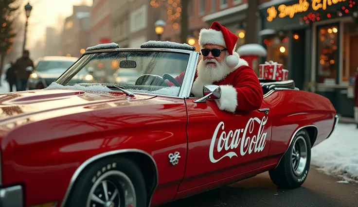 Its Christmas, hyperrealistic image   Cinematic, side photograph of Santa Claus in a red American Muscle-car convertible with an emblem and decorated Coca-Cola, with gifts in the backseat , Hes wearing snow glasses ,  driving down a street in a small town ...