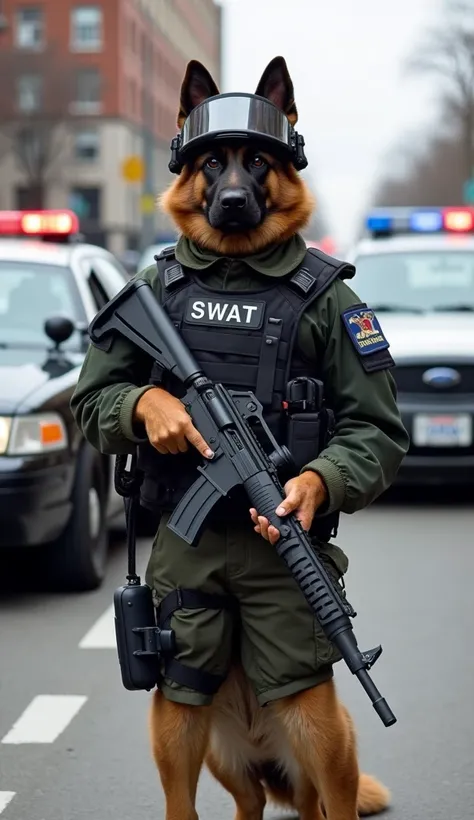  A German shepherd dog standing like a human ,  dressed in a full SWAT uniform ,  including ballistic vest , helmet with visor , and protection a shotgun .  The scene takes place in an urban area surrounded by police cars.