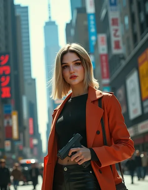 Bright photo, portrait photo willedaf, slim body, girl standing with a gun in the city